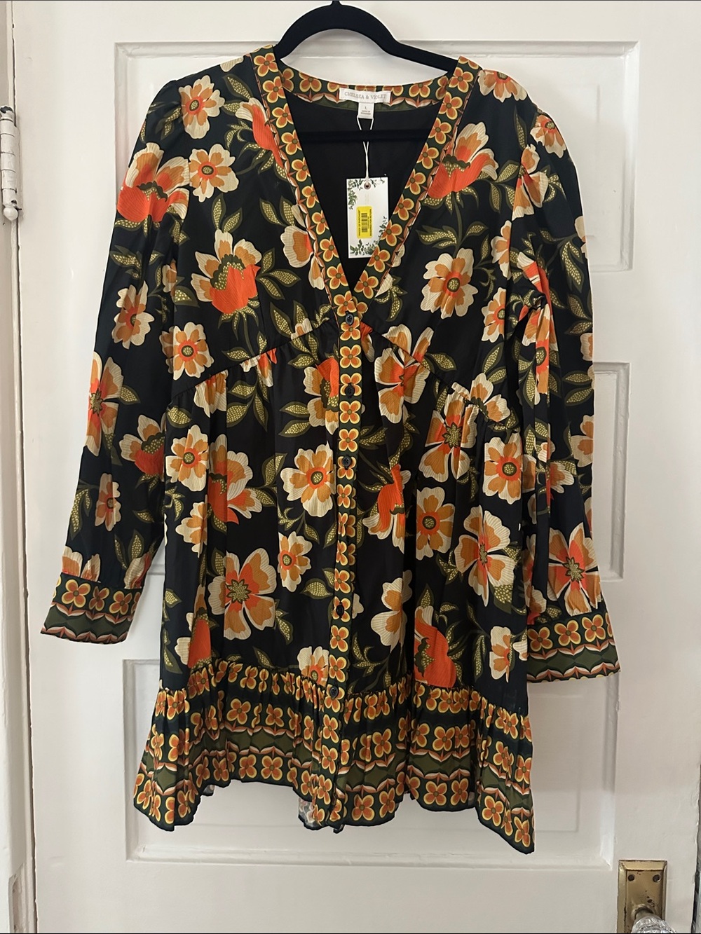 Chelsea & Violet Black Floral Mini Dress with Orange and Cream Blooms